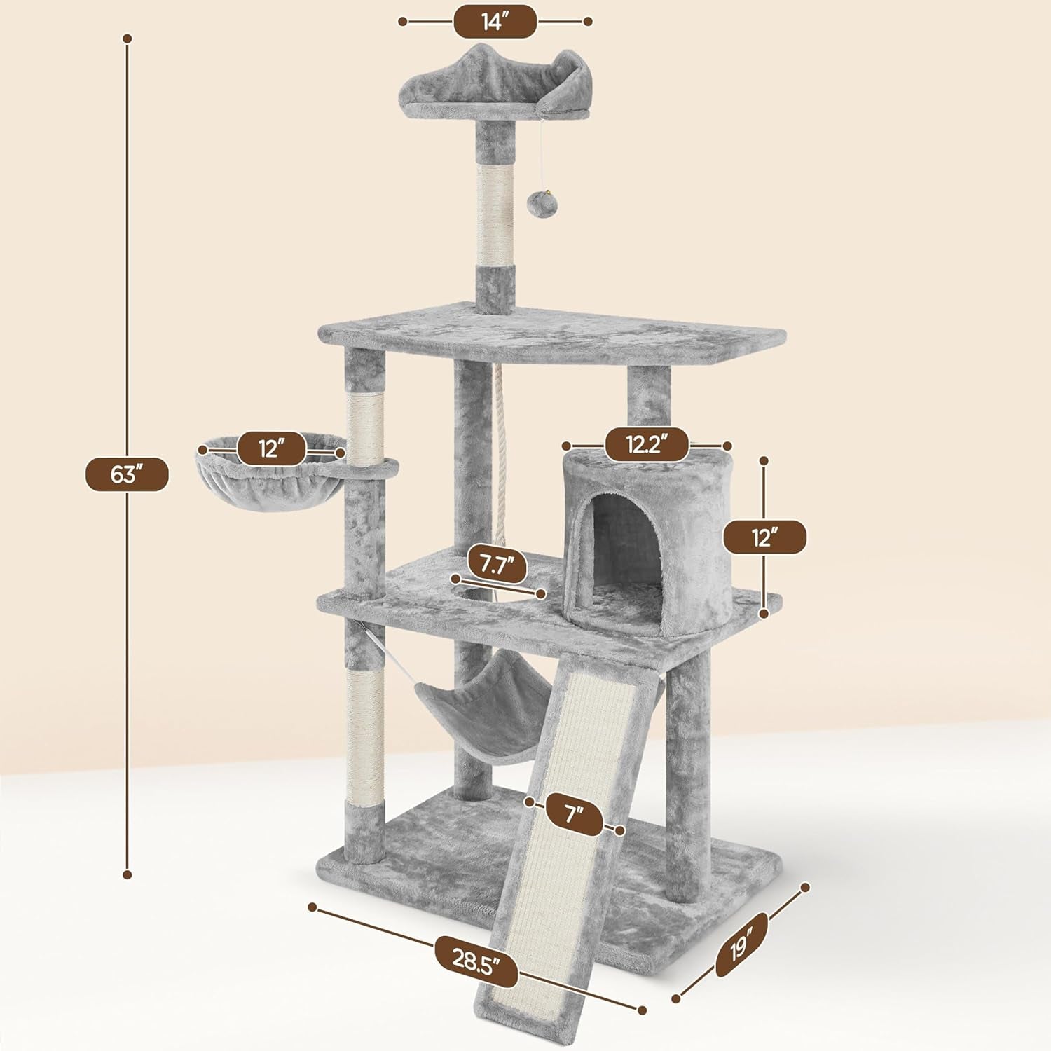 63.5-Inch Multi-Level Cat Tree Tower with Scratching Posts, Platforms, and Hammock - Cat Activity Center for Kittens and Cats