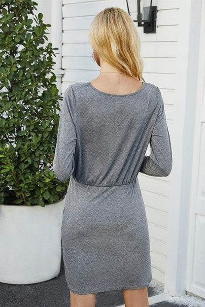 Solid Crew Neck High Waist Drawstring Dress