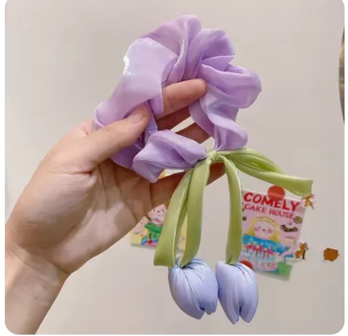 Cuerda para el pelo de tulipán rosa para niña, diadema atada a mano, lazo, borlas de flores, accesorios para el cabello, dulce,