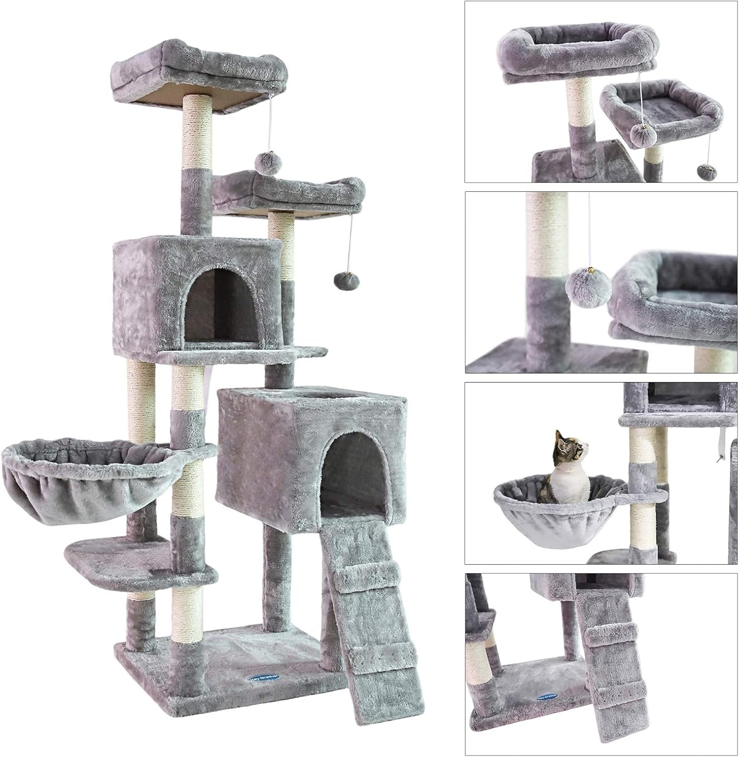 58-Inch Multi-Level Cat Tree with Sisal-Covered Scratching Posts, Two Plush Condos, and Hammock for Cats and Kittens - Light Gray MPJ013W