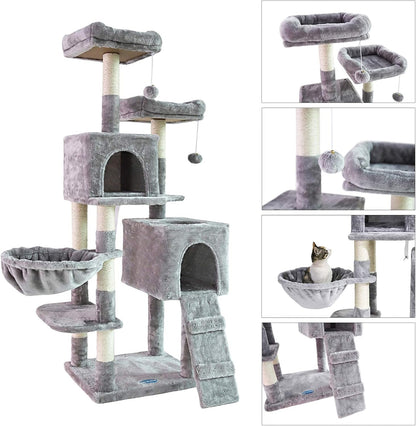 58-Inch Multi-Level Cat Tree with Sisal-Covered Scratching Posts, Two Plush Condos, and Hammock for Cats and Kittens - Light Gray MPJ013W