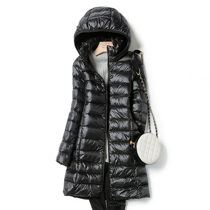A mid-length, lightweight down jacket for women