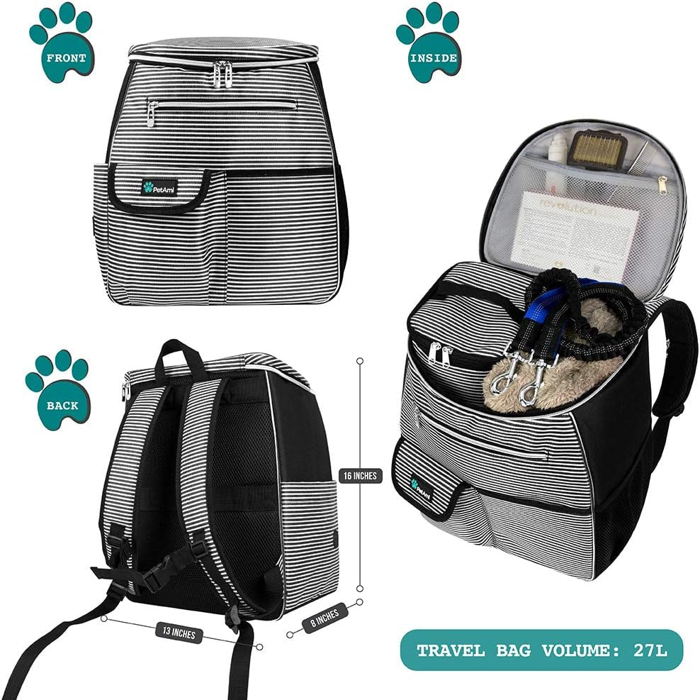 Airline-Approved Dog Travel Backpack with Food Container and Collapsible Bowls - Essential Pet Camping and Hiking Accessories in Black Stripe
