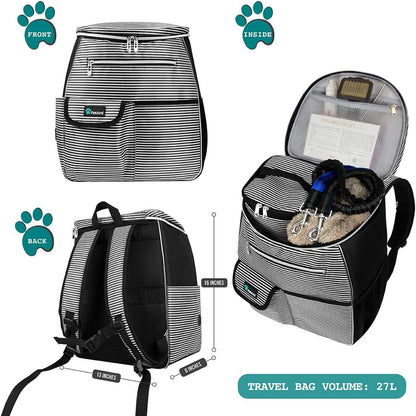 Airline-Approved Dog Travel Backpack with Food Container and Collapsible Bowls - Essential Pet Camping and Hiking Accessories in Black Stripe