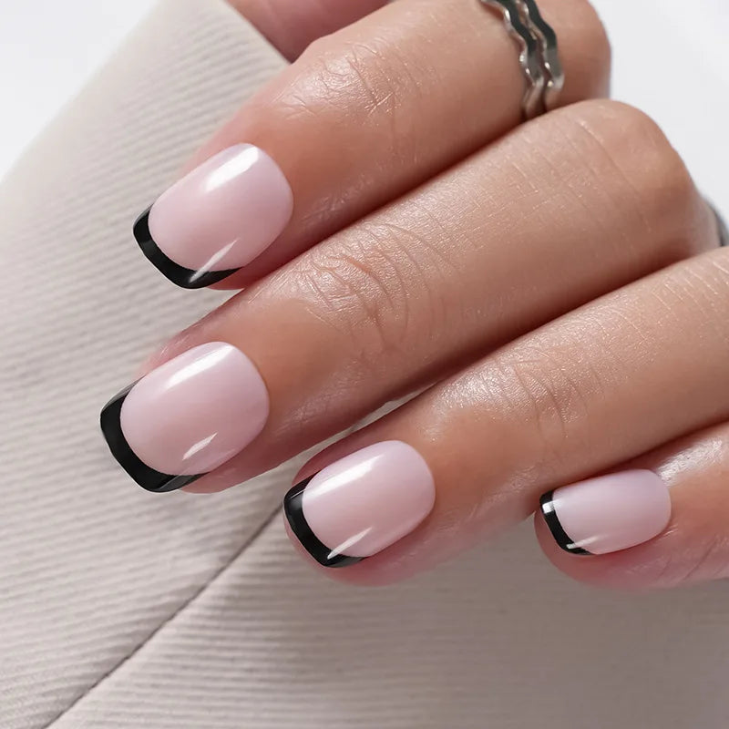 24pcs Wearable Nails Patch With Adhesive Kit Silver Black Leopard Print Edge Solid Color False Nail Manicure Art Gift Removable