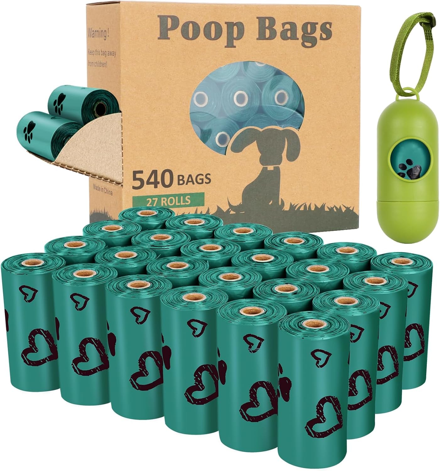 Dog Waste Bag Rolls - 540 Count Extra Thick, Leak-Proof, Scented Poop Bags with Dispenser in Dark Green