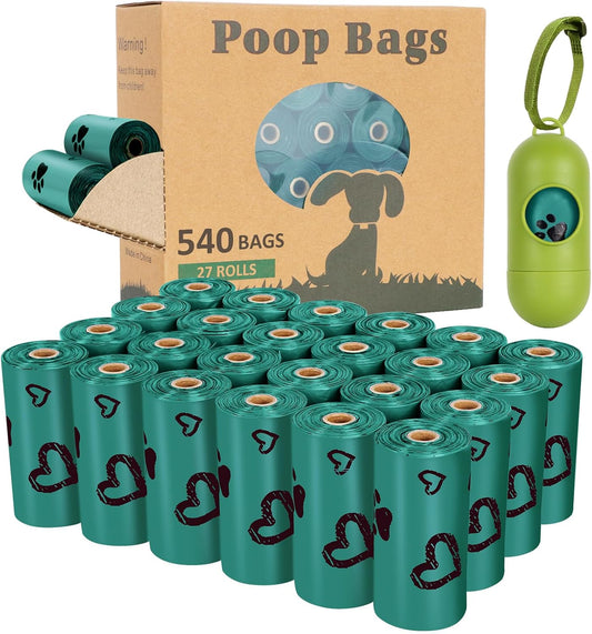 Dog Waste Bag Rolls - 540 Count Extra Thick, Leak-Proof, Scented Poop Bags with Dispenser in Dark Green