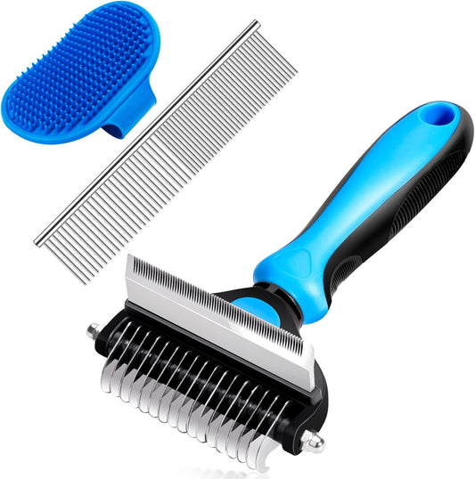 Professional Dog Grooming Brush - 2-in-1 Undercoat Rake and Dematting Comb for Small Dogs and Cats (Small Blue)