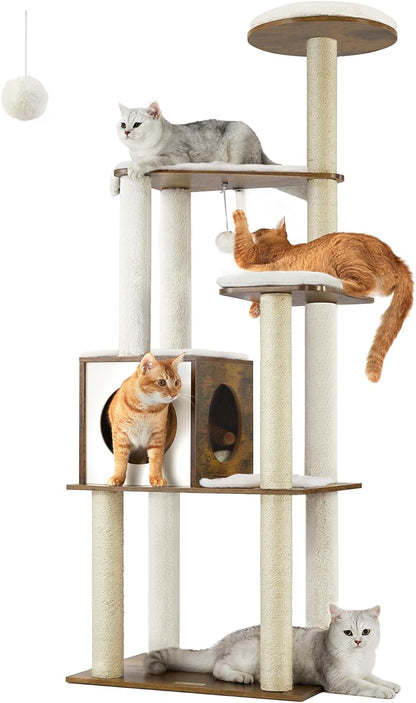 Woodywonders 65-Inch Modern Cat Tower - Multi-Level Indoor Cat Condo with 5 Scratching Posts, Perch, and Washable Removable Cushions in Rustic Brown