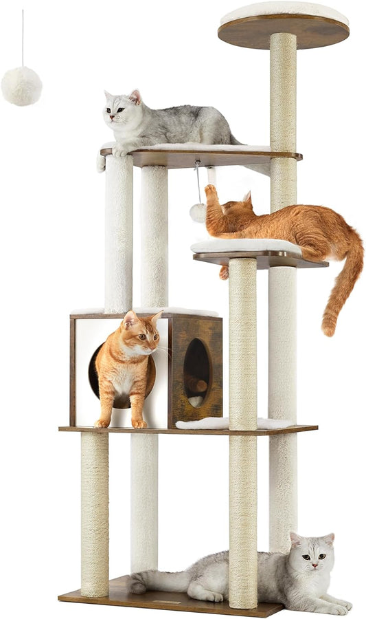 Woodywonders 65-Inch Modern Cat Tower - Multi-Level Indoor Cat Condo with 5 Scratching Posts, Perch, and Washable Removable Cushions in Rustic Brown