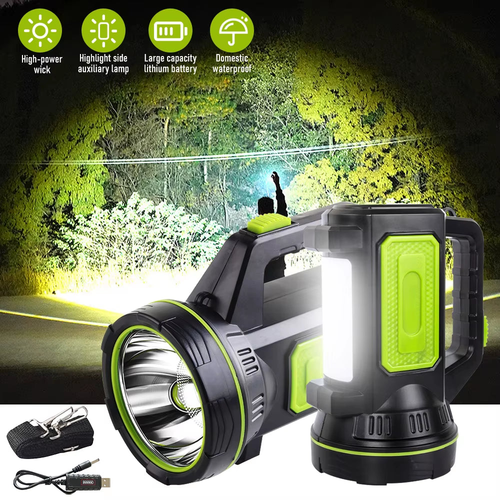 LED Flashlight Searchlight Solar Double Headhand Light USB Rechargeable Torch Flashing COB Side Light Emergency Lamp Lighting