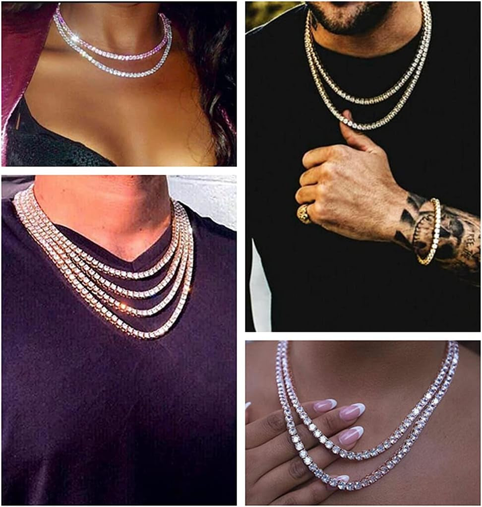 Gold Silver Iced Out Diamond Tennis Chain Necklace for Men Women, Rhinestone Tennis Necklaces for Women and Teens, Tennis and Cuban Link Chains 18-30 Inches
