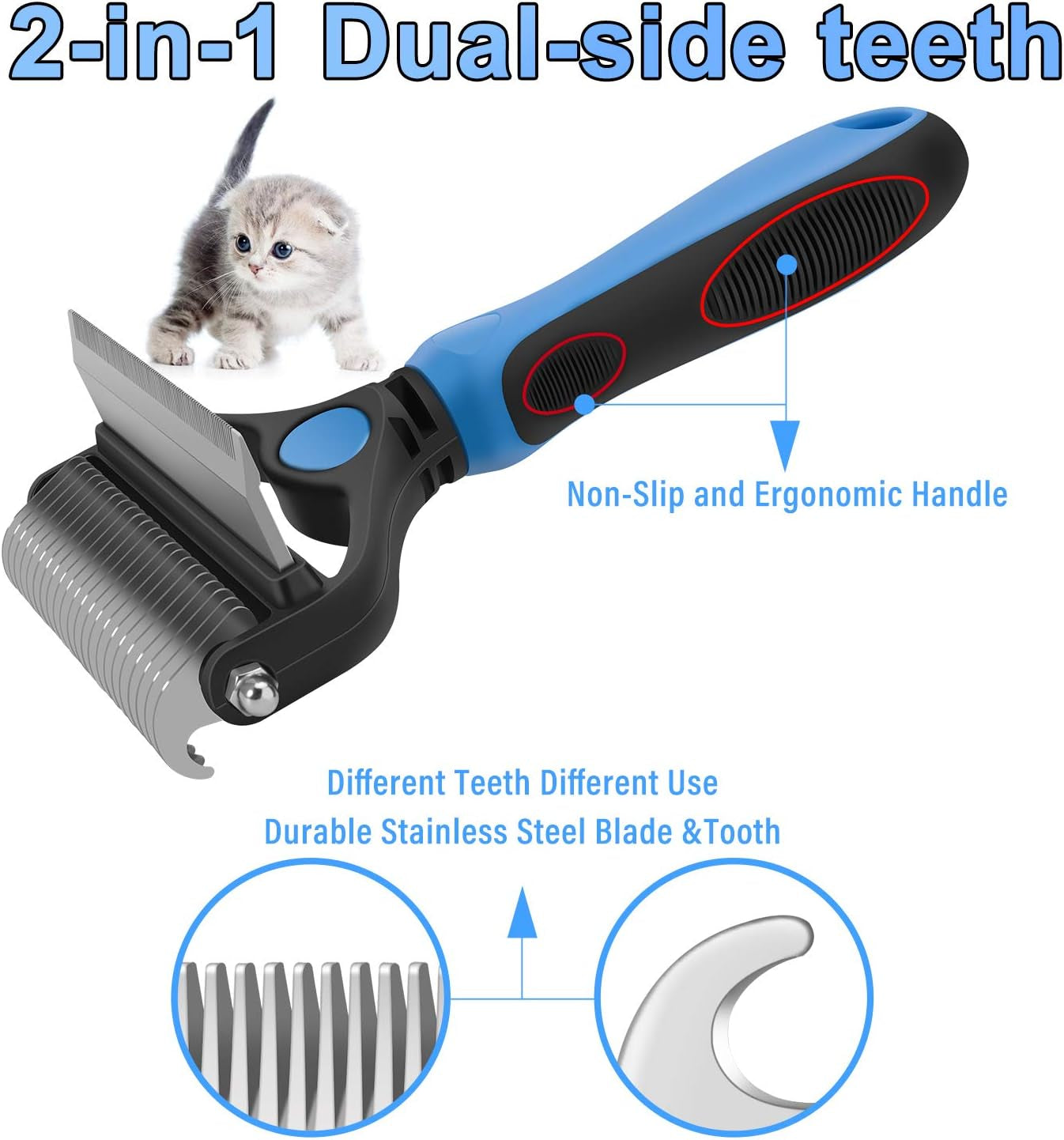 Professional Dog Grooming Brush - 2-in-1 Undercoat Rake and Dematting Comb for Small Dogs and Cats (Small Blue)