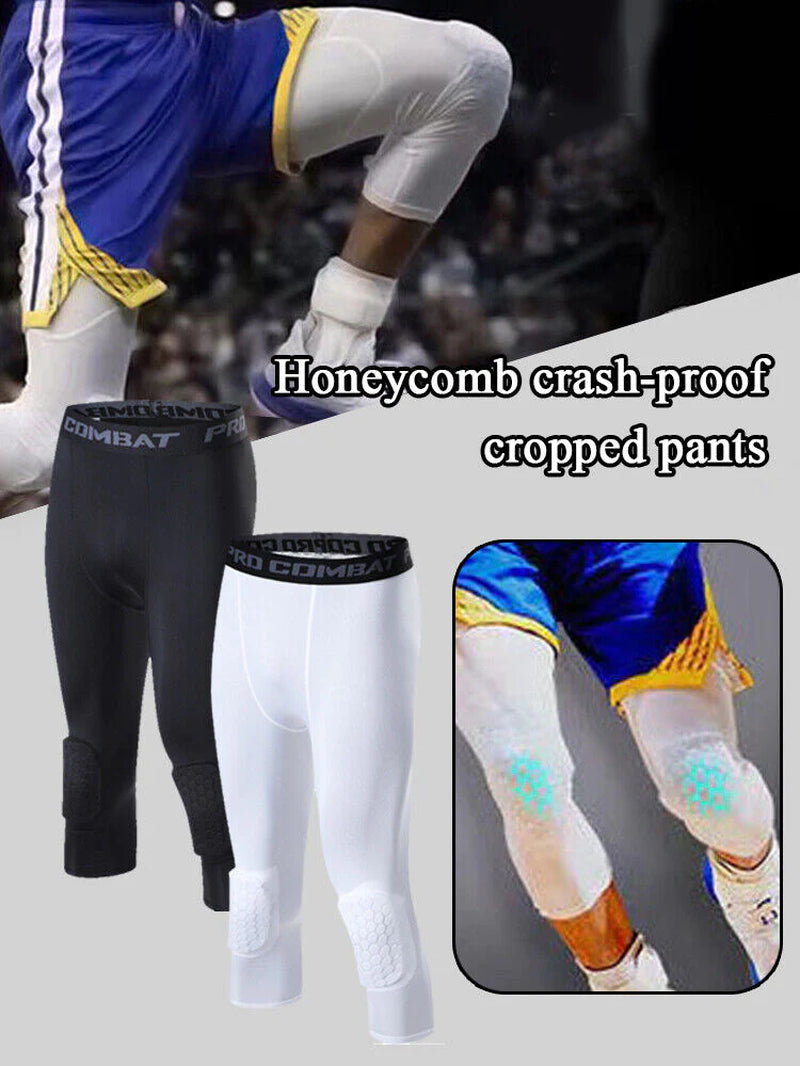 Men'S Basketball Sports Tight Pants 3/4 Compression Workout Leggings Knee Pads