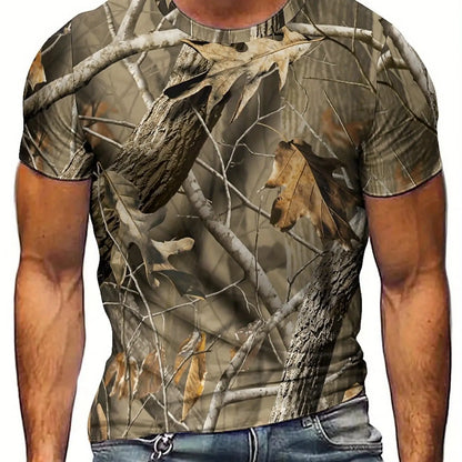Vintage Camo Leaf Print Y2K Men'S T-Shirt - Geometric Abstract Design, Crew Neck, Short Sleeve, High-Quality Fabric