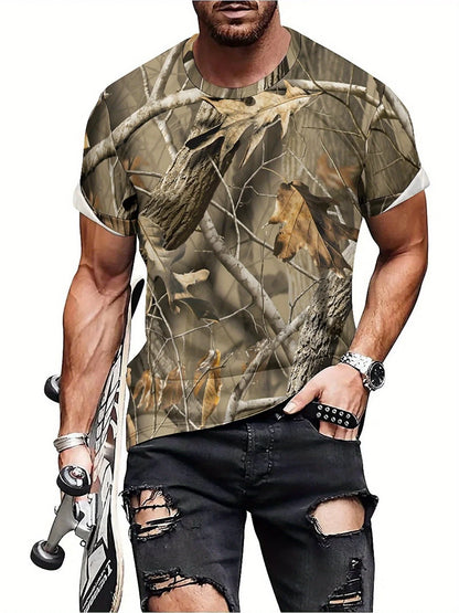 Vintage Camo Leaf Print Y2K Men'S T-Shirt - Geometric Abstract Design, Crew Neck, Short Sleeve, High-Quality Fabric