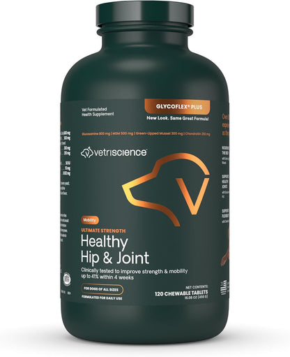 Ultimate Strength Healthy Hip & Joint Chewable Tablets, Glycoflex Glucosamine, Chondroitin and Green-Lipped Mussel Joint Supplement for Dogs, Soothe Joint Discomfort, Chicken, 120 Count