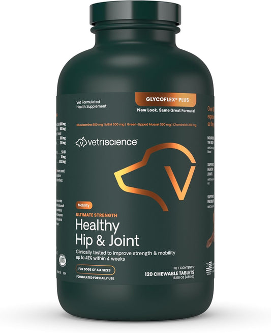 Ultimate Strength Healthy Hip & Joint Chewable Tablets, Glycoflex Glucosamine, Chondroitin and Green-Lipped Mussel Joint Supplement for Dogs, Soothe Joint Discomfort, Chicken, 120 Count
