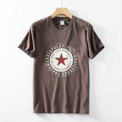 2025 Summer New American Retro Short Sleeve O-neck Pentagram Printed T-shirt Men's Fashion 100% Cotton Washed Casual Youth Tops