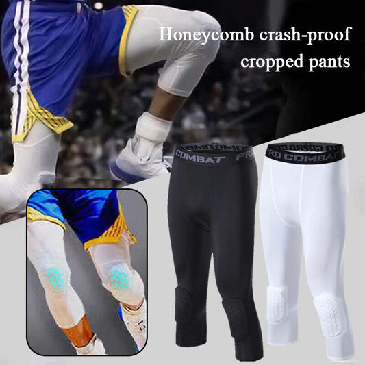 Men'S Basketball Sports Tight Pants 3/4 Compression Workout Leggings Knee Pads