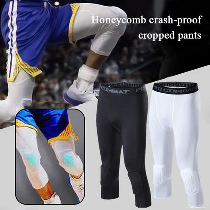 Men'S Basketball Sports Tight Pants 3/4 Compression Workout Leggings Knee Pads
