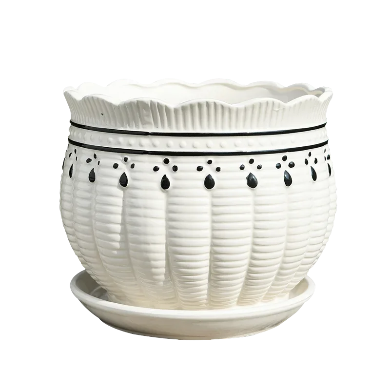 Flower Pot Ceramic Simple with Tray Creative Extra Large Household Beiouyang Terrace Green Plant Bonsai
