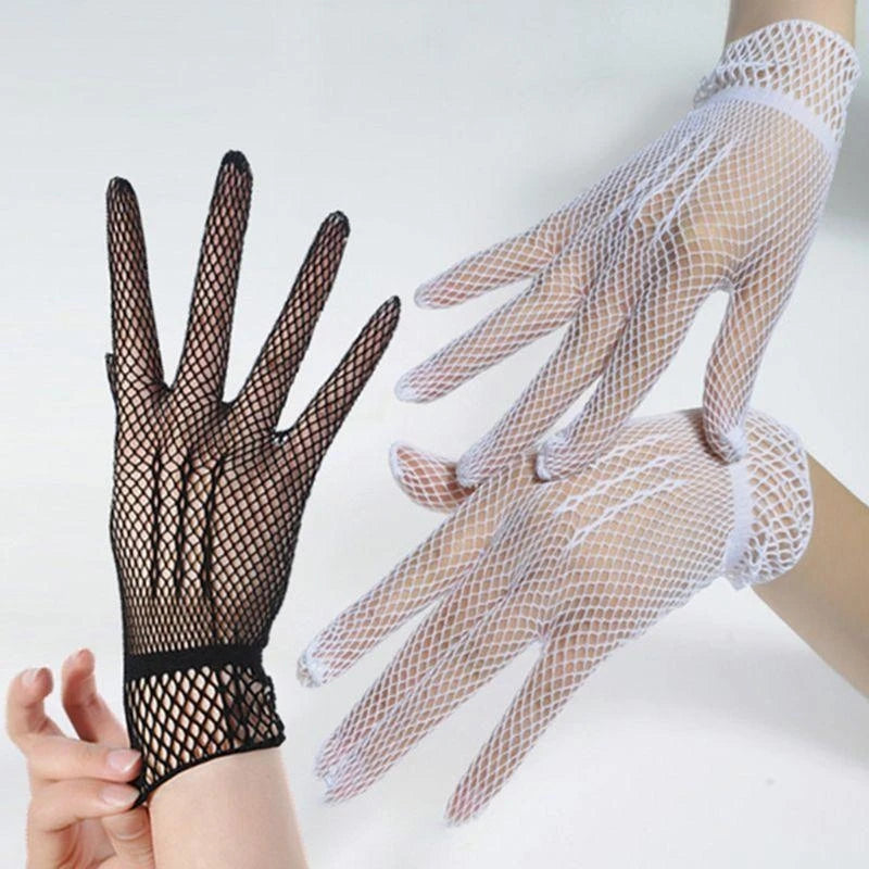 652F Women Girls Summer UV-Proof Mesh Net Gloves Solid Color Full Finger Mittens for Wedding 80s Retro Party