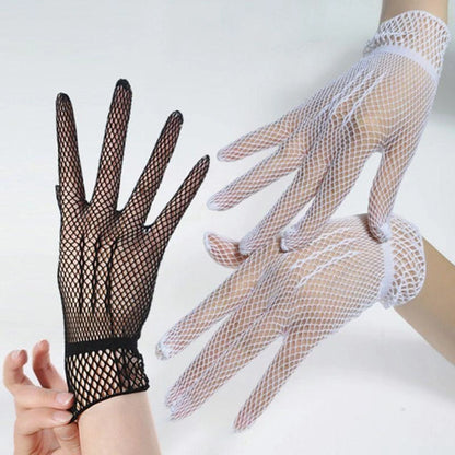 652F Women Girls Summer UV-Proof Mesh Net Gloves Solid Color Full Finger Mittens for Wedding 80s Retro Party