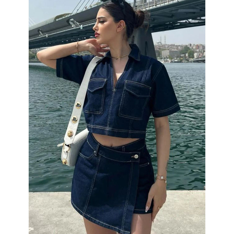 Street Style Denim Suit with V-Neck Top and Culottes