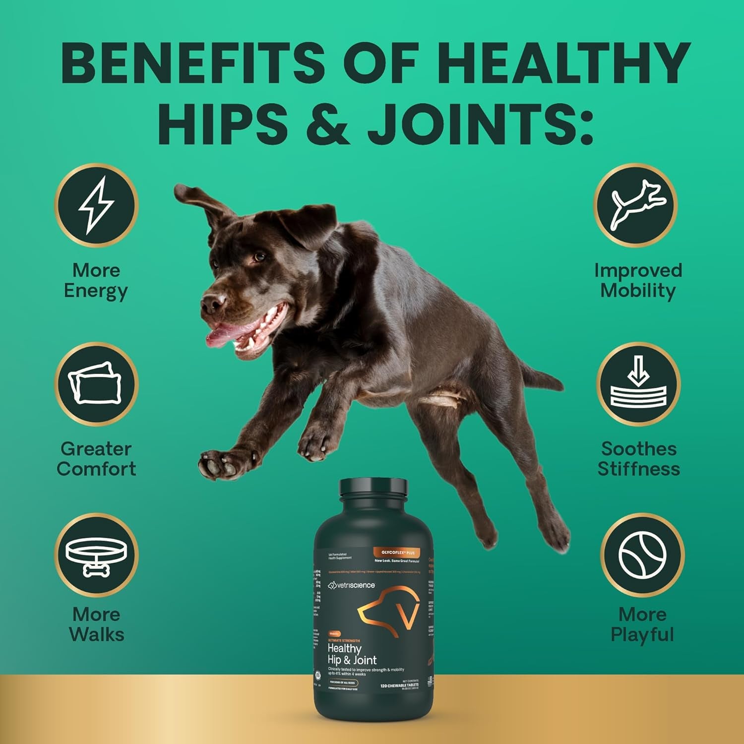 Ultimate Strength Healthy Hip & Joint Chewable Tablets, Glycoflex Glucosamine, Chondroitin and Green-Lipped Mussel Joint Supplement for Dogs, Soothe Joint Discomfort, Chicken, 120 Count
