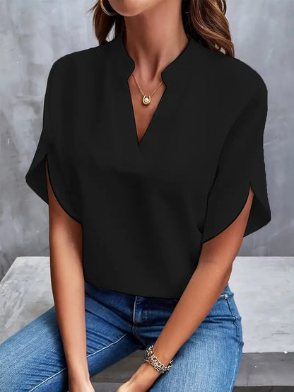Casual Solid Color V-neck Loose Shirt Top Women