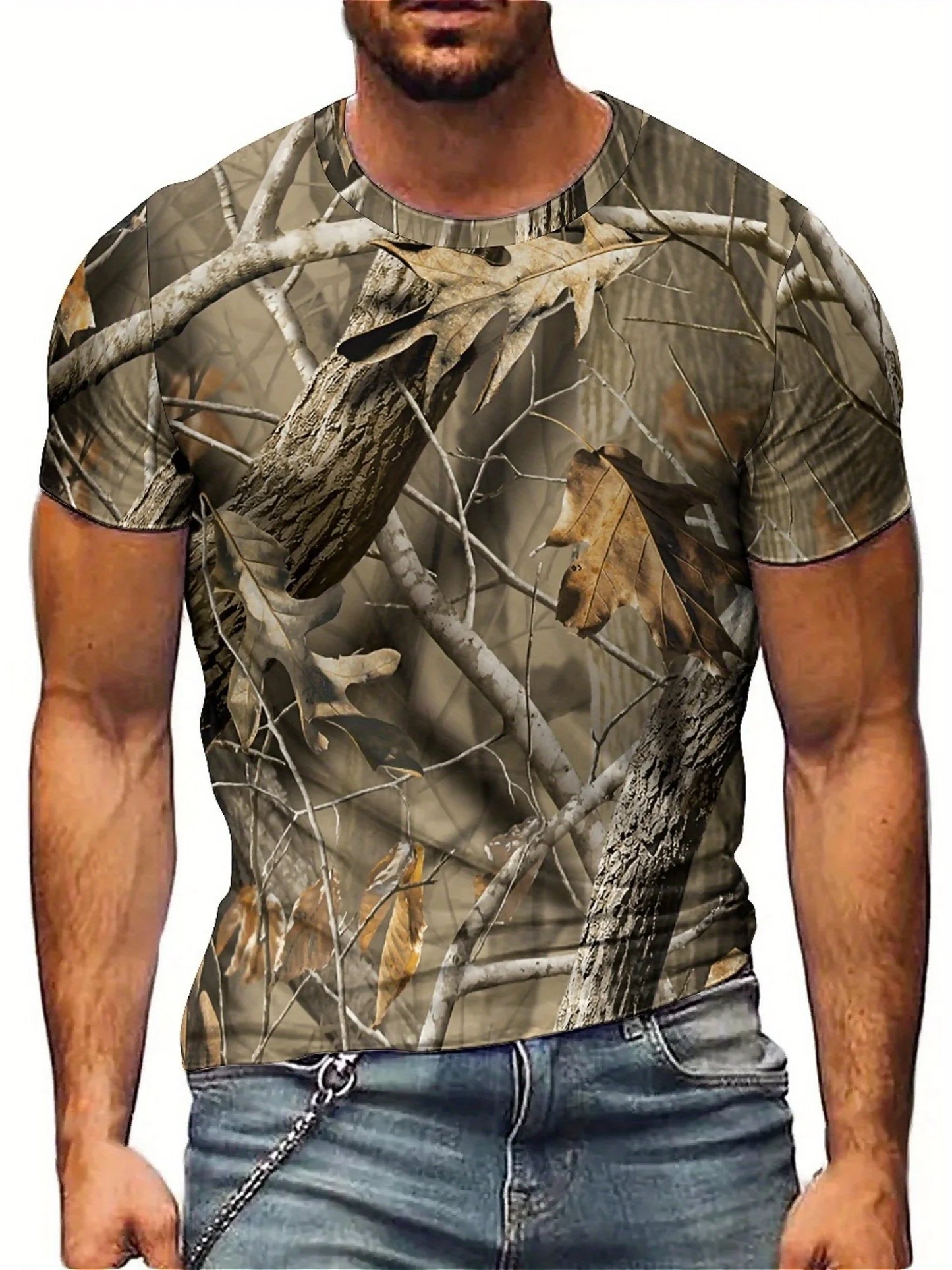 Vintage Camo Leaf Print Y2K Men'S T-Shirt - Geometric Abstract Design, Crew Neck, Short Sleeve, High-Quality Fabric
