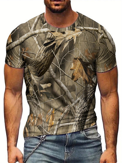 Vintage Camo Leaf Print Y2K Men'S T-Shirt - Geometric Abstract Design, Crew Neck, Short Sleeve, High-Quality Fabric