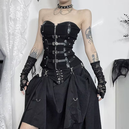 Punk Grunge Leather Buckle Strapless Corset Tops Mall Gothic Zip Women Tupe Top Y2K Coquette Streetwear Alt Tanks Vest