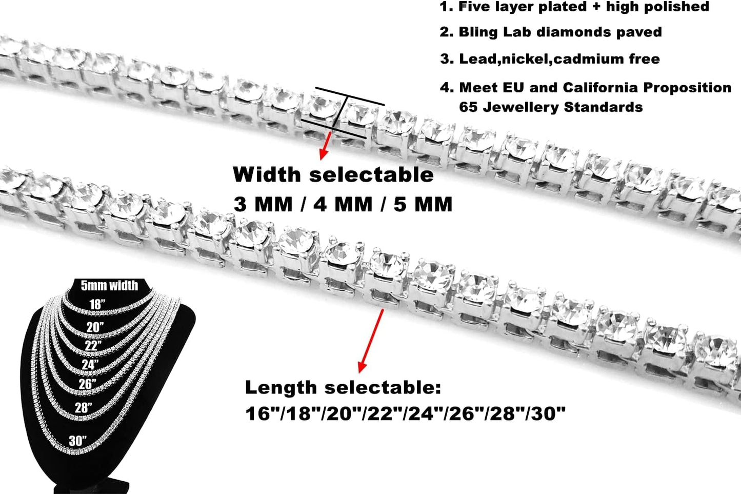 Gold Silver Iced Out Diamond Tennis Chain Necklace for Men Women, Rhinestone Tennis Necklaces for Women and Teens, Tennis and Cuban Link Chains 18-30 Inches