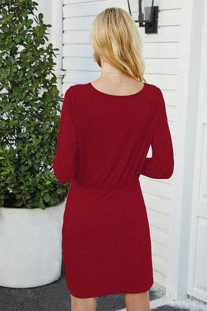 Solid Crew Neck High Waist Drawstring Dress