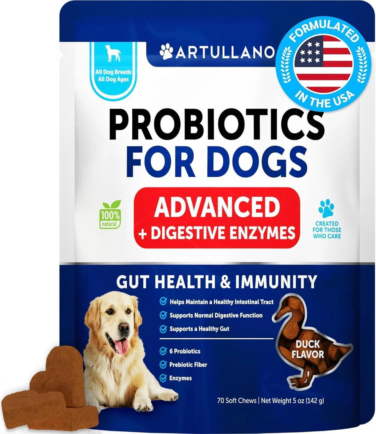 Dog Probiotics Duck Flavor Probiotics for Dogs Gut Health Itchy Skin Allergies & Immunity Support Yeast Balance Dog Probiotic 70 Chews with Prebiotics Dog Probiotics and Digestive Enzymes Reduce Diarrhea