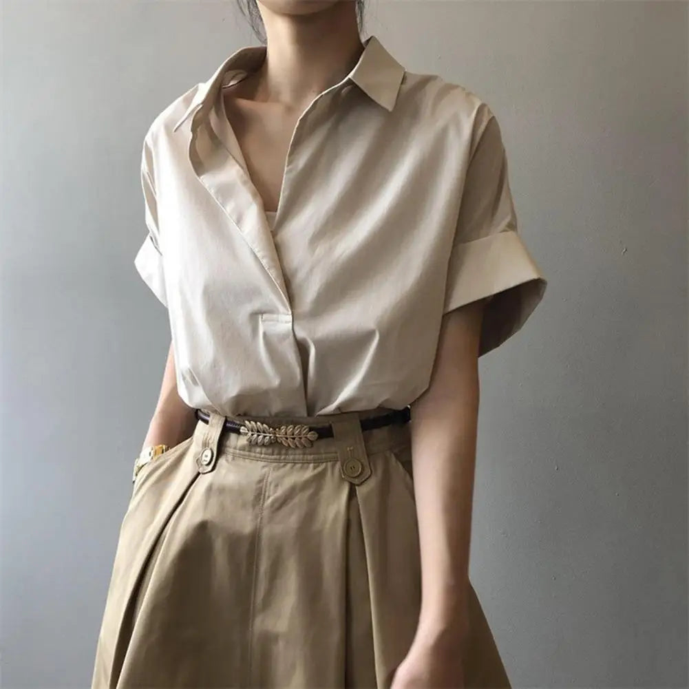 2025 Summer Shirts Women Shirt Fashion Loose Solid Tops Short Sleeved Blouse Casual Solid Buttons Down Blusas