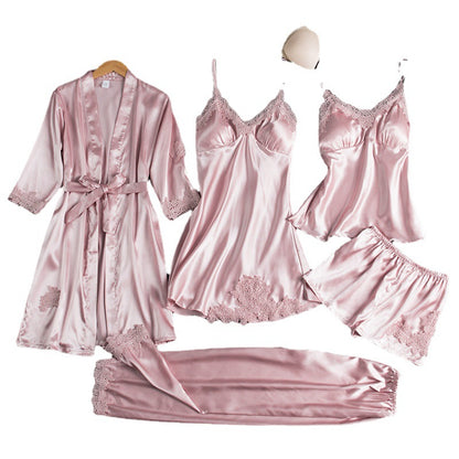 Women's Ice Silk Pajama Set Five-piece Home Clothes