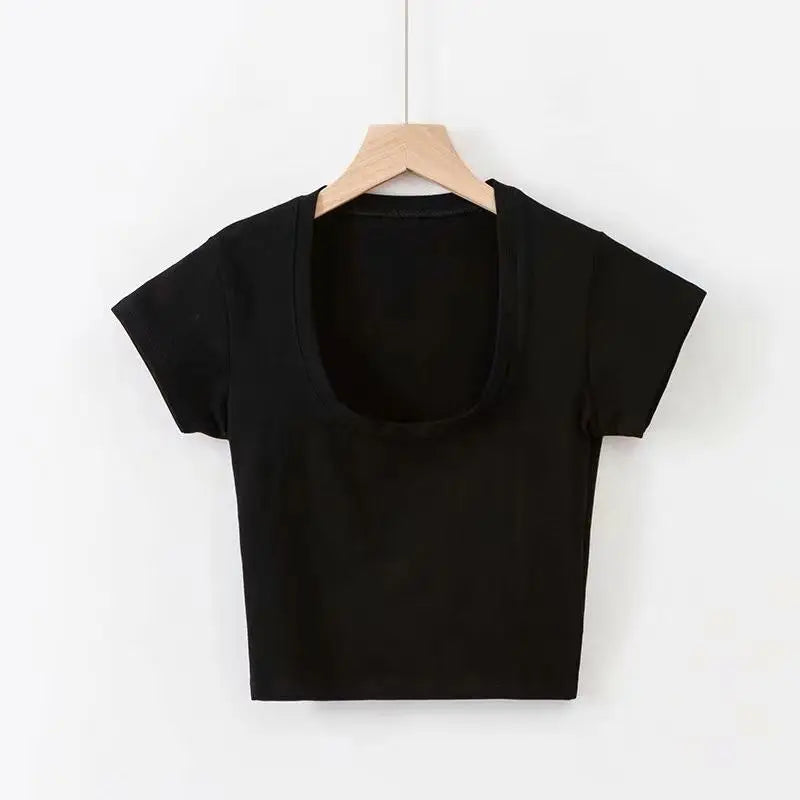 Summer Slim T-Shirt Women Sexy Short Sleeve T Shirt U-Neck Gray Tee Female Solid Basic Black/White Korean Crop Tops