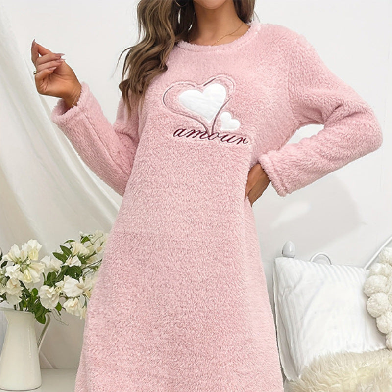 winter pink love flannel long sleeve padded nightgown