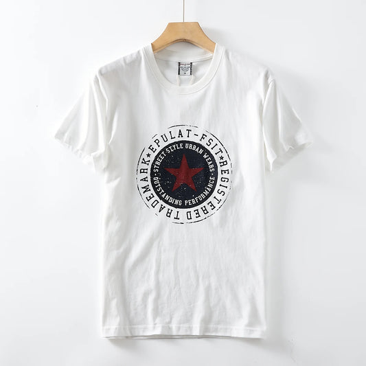 2025 Summer New American Retro Short Sleeve O-neck Pentagram Printed T-shirt Men's Fashion 100% Cotton Washed Casual Youth Tops
