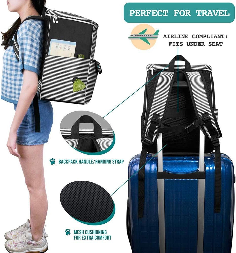 Airline-Approved Dog Travel Backpack with Food Container and Collapsible Bowls - Essential Pet Camping and Hiking Accessories in Black Stripe