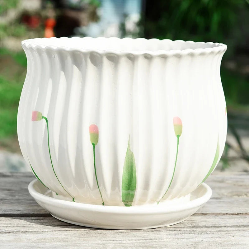 Flower Pot Ceramic Simple with Tray Creative Extra Large Household Beiouyang Terrace Green Plant Bonsai