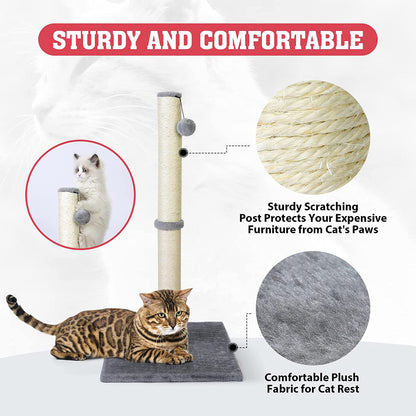 31-Inch Tall Cat Scratching Post with Hanging Ball - Durable Indoor Scratcher for Large Cats - Stable Cat Furniture with Sisal Rope - Grey