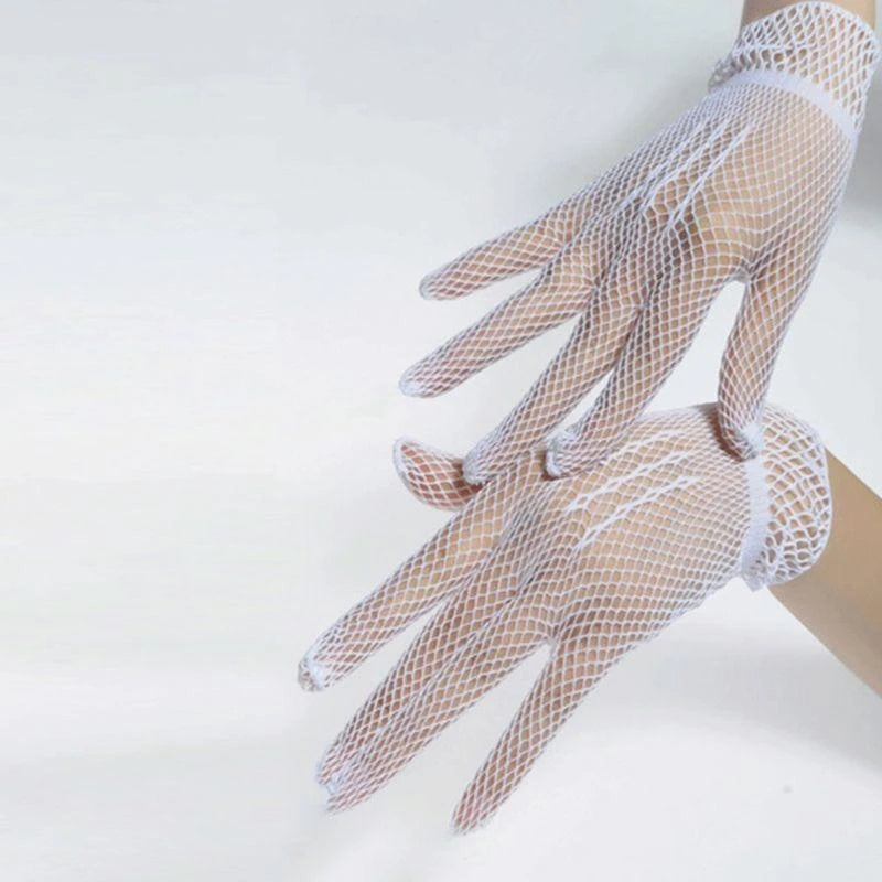 652F Women Girls Summer UV-Proof Mesh Net Gloves Solid Color Full Finger Mittens for Wedding 80s Retro Party