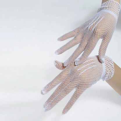 652F Women Girls Summer UV-Proof Mesh Net Gloves Solid Color Full Finger Mittens for Wedding 80s Retro Party