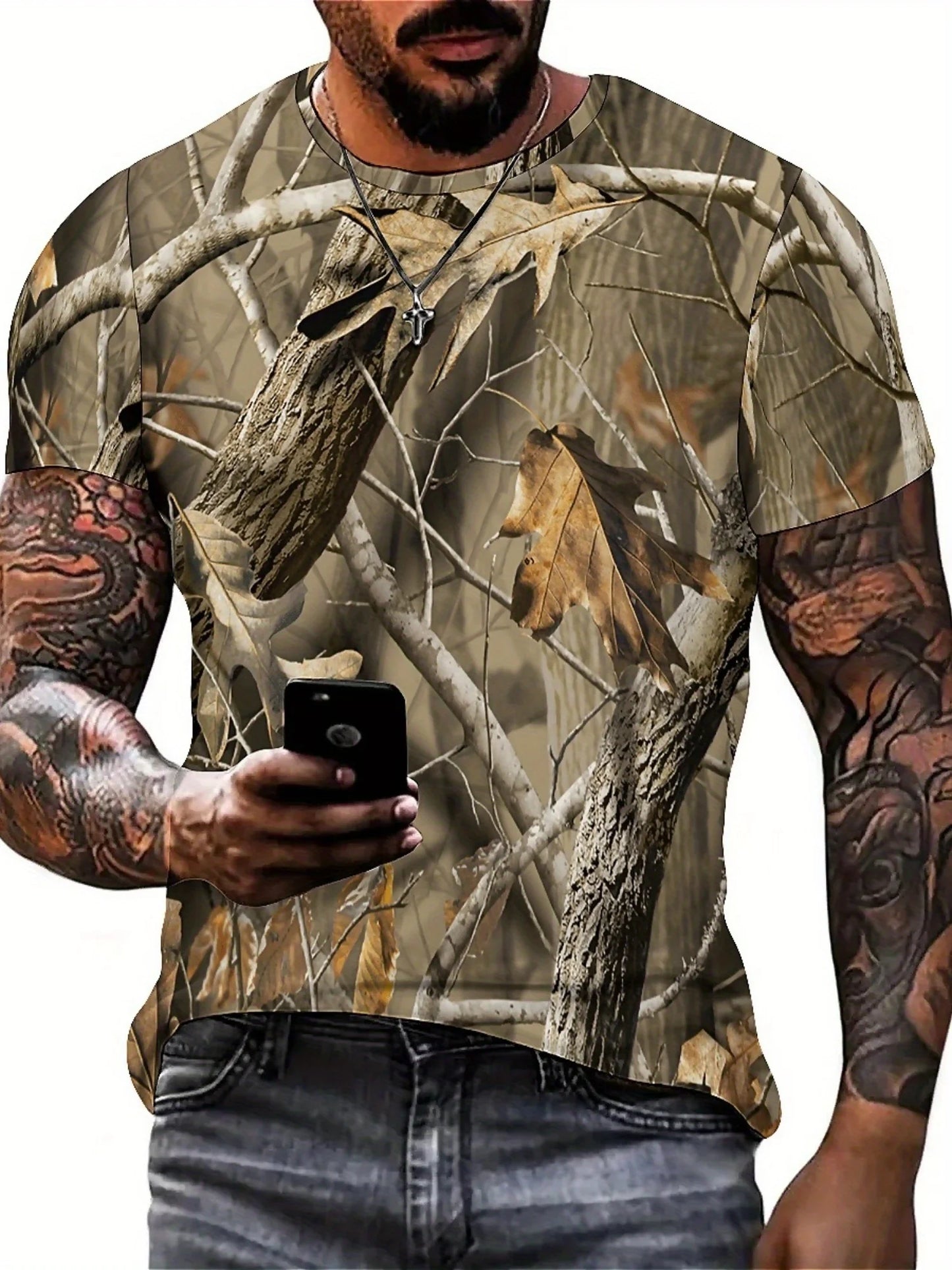 Vintage Camo Leaf Print Y2K Men'S T-Shirt - Geometric Abstract Design, Crew Neck, Short Sleeve, High-Quality Fabric