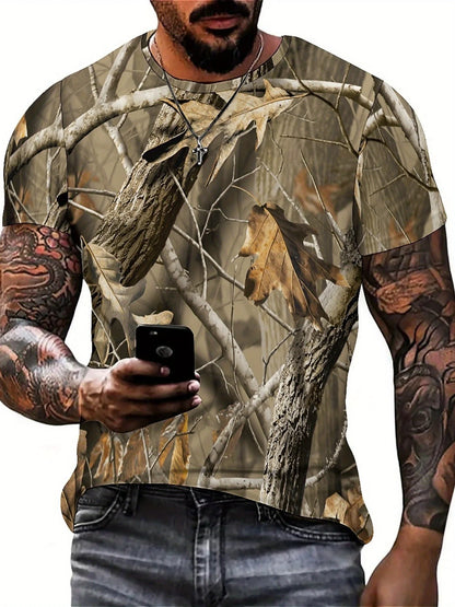 Vintage Camo Leaf Print Y2K Men'S T-Shirt - Geometric Abstract Design, Crew Neck, Short Sleeve, High-Quality Fabric