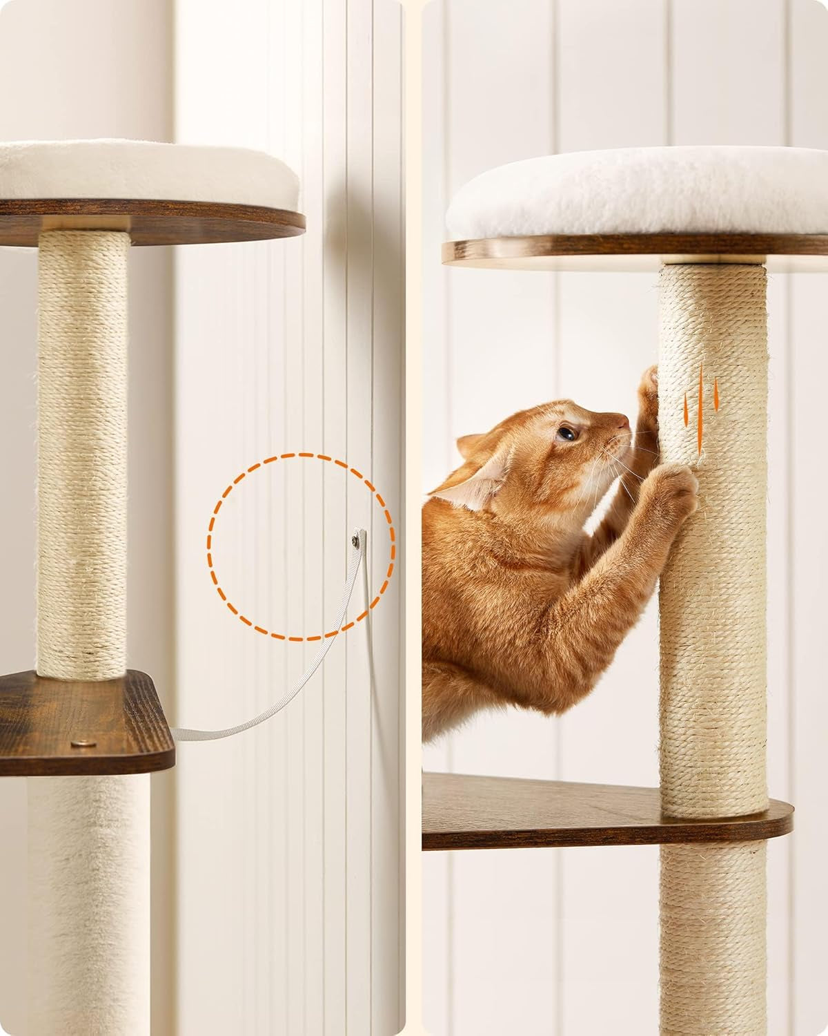 Woodywonders 65-Inch Modern Cat Tower - Multi-Level Indoor Cat Condo with 5 Scratching Posts, Perch, and Washable Removable Cushions in Rustic Brown